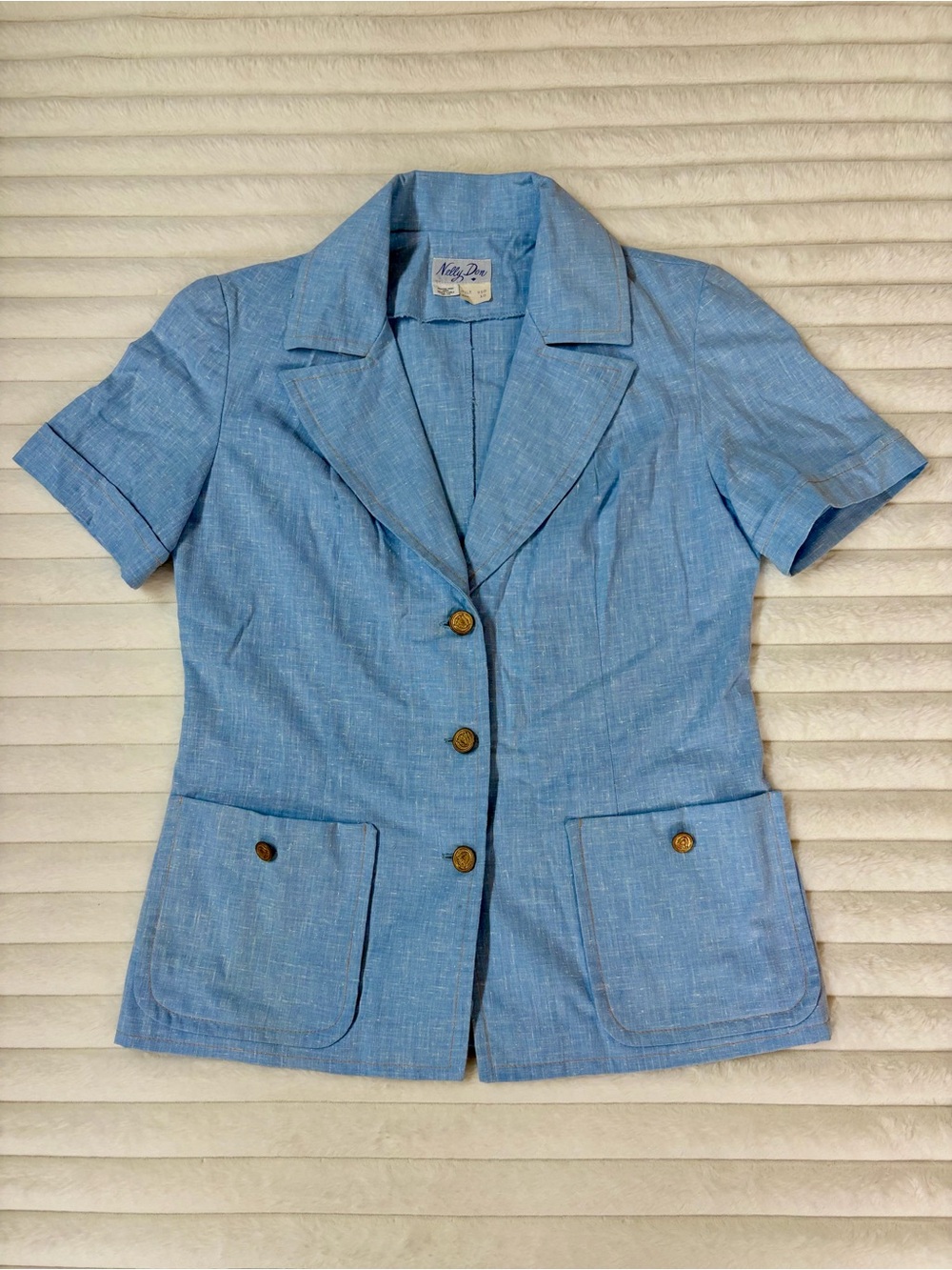 Nelly Don Light Blue Women's Short-Sleeve Blazer Jacket Size Medium Vintage Chic